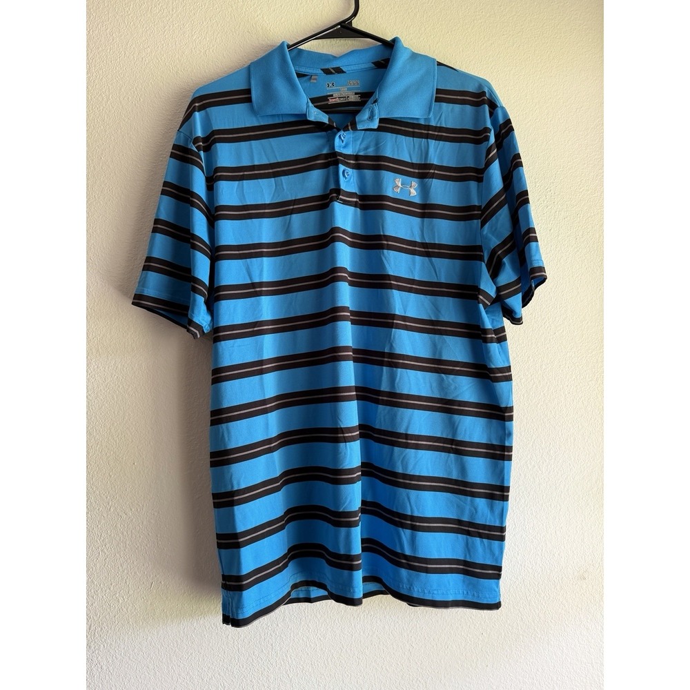 Under Armour Heatgear Mens Large Blue Striped Loose Fit Short Sleeve Polo Shirt